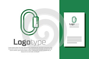 Green line Carabiner icon isolated on white background. Extreme sport. Sport equipment. Logo design template element