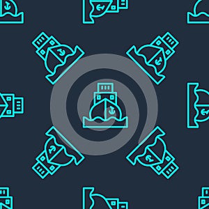 Green line Cargo ship icon isolated seamless pattern on blue background. Vector