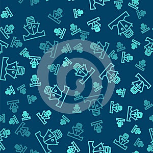 Green line Cargo ship icon isolated seamless pattern on blue background. Vector