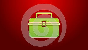 Green line Case or box container for wobbler and gear fishing equipment icon isolated on red background. Fishing tackle