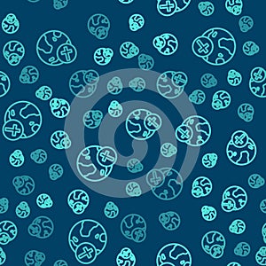 Green line Christian cross with globe Earth icon isolated seamless pattern on blue background. World religion day