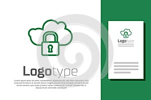 Green line Cloud computing lock icon isolated on white background. Security, safety, protection concept. Protection of