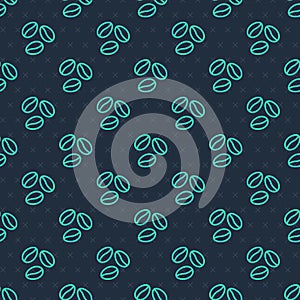 Green line Coffee beans icon isolated seamless pattern on blue background. Vector