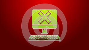 Green line Computer with keyboard and x mark icon isolated on red background. Error window, exit button, cancel, 404