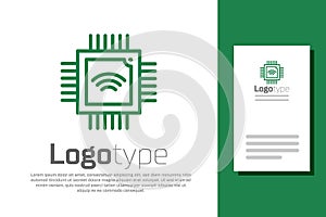 Green line Computer processor with microcircuits CPU icon isolated on white background. Chip or cpu with circuit board