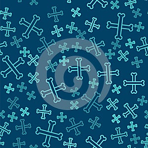 Green line Crossed bones icon isolated seamless pattern on blue background. Pets food symbol. Happy Halloween party