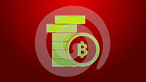 Green line Cryptocurrency coin Bitcoin icon isolated on red background. Physical bit coin. Blockchain based secure