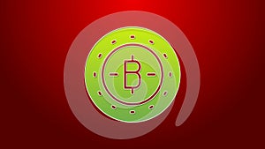 Green line Cryptocurrency coin Bitcoin icon isolated on red background. Physical bit coin. Blockchain based secure