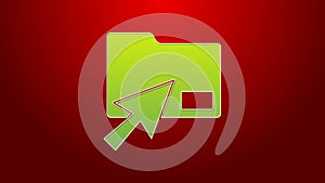 Green line Cursor click document folder icon isolated on red background. Accounting binder symbol. Bookkeeping
