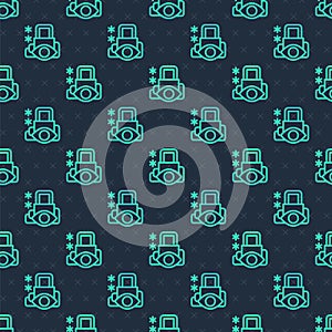 Green line Cyber security icon isolated seamless pattern on blue background. Closed padlock on digital circuit board