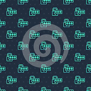 Green line Cyber security icon isolated seamless pattern on blue background. Closed padlock on digital circuit board