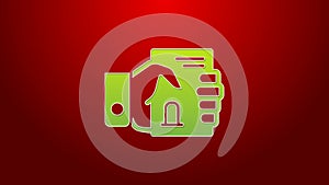 Green line Death certificate in hand icon isolated on red background. 4K Video motion graphic animation