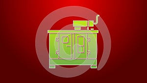 Green line Diesel power generator icon isolated on red background. Industrial and home immovable power generator. 4K