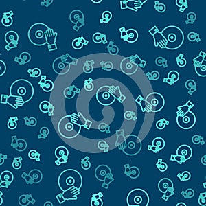 Green line DJ playing music icon isolated seamless pattern on blue background. Vector