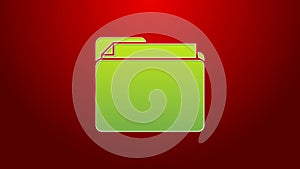 Green line Document folder icon isolated on red background. Accounting binder symbol. Bookkeeping management. 4K Video