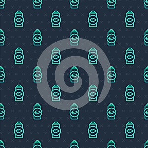 Green line Eco nature leaf and battery icon isolated seamless pattern on blue background. Energy based on ecology saving
