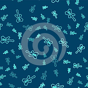 Green line Electric bass guitar icon isolated seamless pattern on blue background. Vector