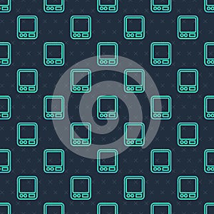 Green line Electronic coffee scales icon isolated seamless pattern on blue background. Weight measure equipment. Vector