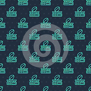 Green line Electronic coffee scales icon isolated seamless pattern on blue background. Weight measure equipment. Vector