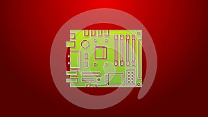 Green line Electronic computer components motherboard digital chip integrated science icon isolated on red background