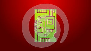 Green line Electronic computer components motherboard digital chip integrated science icon isolated on red background