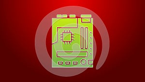 Green line Electronic computer components motherboard digital chip integrated science icon isolated on red background