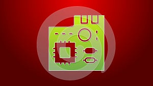 Green line Electronic computer components motherboard digital chip integrated science icon isolated on red background