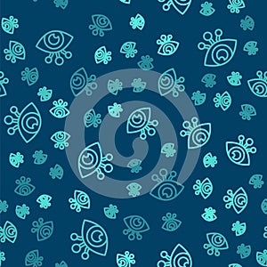 Green line Eye scan icon isolated seamless pattern on blue background. Scanning eye. Security check symbol. Cyber eye