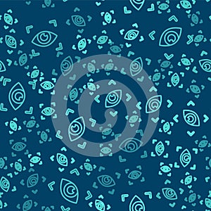 Green line Eye scan icon isolated seamless pattern on blue background. Scanning eye. Security check symbol. Cyber eye