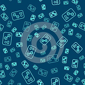 Green line Fitness club, gym card icon isolated seamless pattern on blue background. Vector