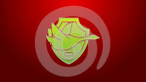 Green line Flying duck on shield icon isolated on red background. Hunting trophy on wall. 4K Video motion graphic