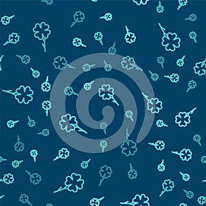 Green line Four leaf clover icon isolated seamless pattern on blue background. Happy Saint Patrick day. Vector
