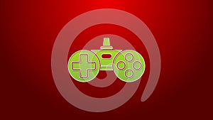 Green line Gamepad icon isolated on red background. Game controller. 4K Video motion graphic animation