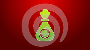 Green line Garbage bag with recycle symbol icon isolated on red background. Trash can icon. Recycle basket sign. 4K