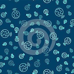 Green line Global technology or social network icon isolated seamless pattern on blue background. Vector