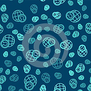 Green line Globe and people icon isolated seamless pattern on blue background. Global business symbol. Social network