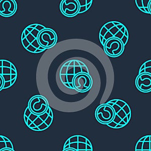Green line Globe and people icon isolated seamless pattern on blue background. Global business symbol. Social network