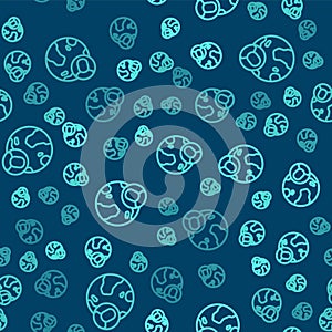 Green line Globe and people icon isolated seamless pattern on blue background. Global business symbol. Social network