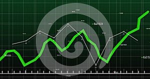 Green line graph and data points over grid background, financial analysis image
