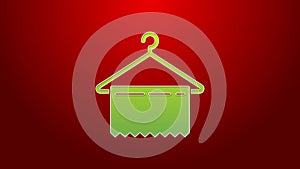 Green line Hanger wardrobe icon isolated on red background. Clean towel sign. Cloakroom icon. Clothes service symbol