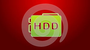 Green line Hard disk drive HDD icon isolated on red background. 4K Video motion graphic animation