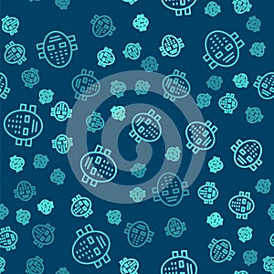 Green line Hockey mask icon isolated seamless pattern on blue background. Vector