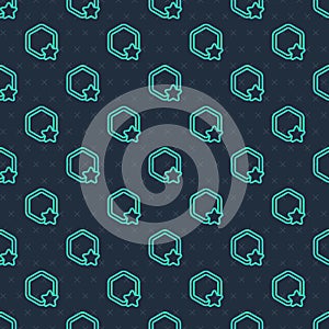 Green line Honeycomb icon isolated seamless pattern on blue background. Honey cells symbol. Sweet natural food. Vector