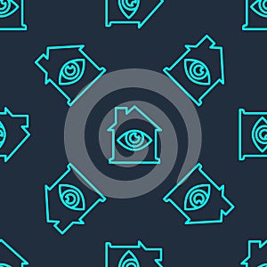 Green line House with eye scan icon isolated seamless pattern on blue background. Scanning eye. Security check symbol