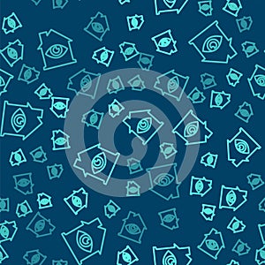 Green line House with eye scan icon isolated seamless pattern on blue background. Scanning eye. Security check symbol
