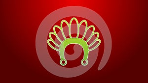 Green line Indian headdress with feathers icon isolated on red background. Native american traditional headdress. 4K