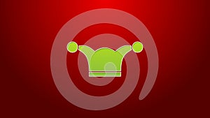 Green line Jester hat with bells isolated on red background. Clown icon. Amusement park funnyman sign. 4K Video motion
