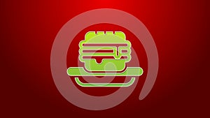 Green line Junk food icon isolated on red background. Prohibited hot dog. No Fast food sign. 4K Video motion graphic