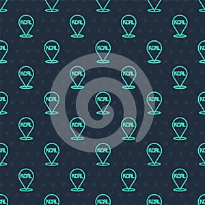 Green line Kcal icon isolated on isolated seamless pattern on blue background. Health food. Vector