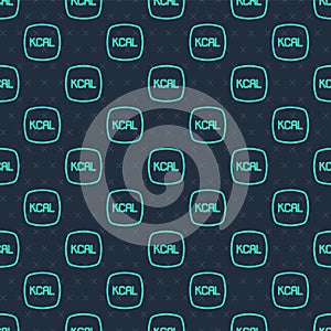 Green line Kcal icon isolated on isolated seamless pattern on blue background. Health food. Vector